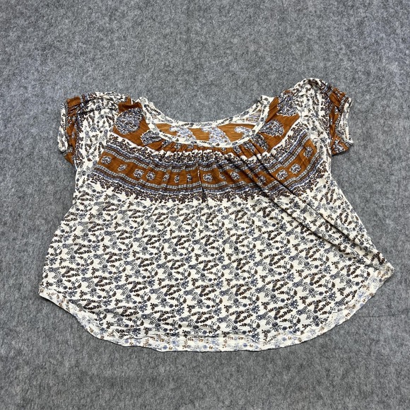 Free People Blouse Womens S Beige Floral Scoop Neck Tunic Top Boho Peasant - Picture 2 of 14